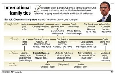Barack Obama's International Family Ties graph. Barack Obama's family tree. Listed are family relation, place of birth,/origins, and lifespan. Barack Obama's multicultural background circles the globe. His relatives are from Hawaii, Indonesia, Kenya,  and Kansas. Barack Obama's father, Barack Hussein Obama Sr,, was born in Kenya and lived from 1936-1982. Barack Obama's mother Ann Dunham was born in Kansas and lived from 1942-1995. Source: AP Research Graph Nov 08 ©AP.