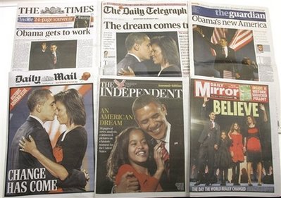 Obama dominates the front pages of the many London daily newspapers. Photo: UK newsstands November 6, 2008.