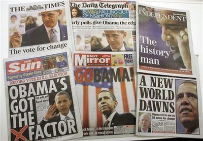 Obama grabs the London newspaper headlines the day before the US elections. Photo: UK newsstands November 5, 2008. 