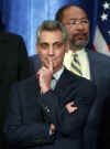 Obama's Chief of Staff Rahm Emanuel listens as Barack Obama holds his first press conference as President-elect Obama on November 7, 2008 at the Chicago Hilton.