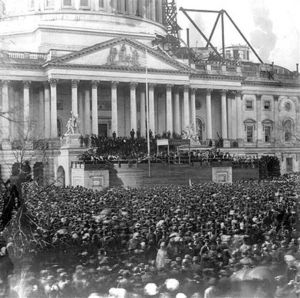 Abraham Lincoln's first Presidential Inauguration in front of Capitol Hill on March 4, 1861.