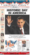The Albuquerque Journal newspaper front page on November 5, 2008 featuring Barack Obama's historic victory as the 44th US President.