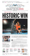 The Atlanta Journal Constitution newspaper front page on November 5, 2008 featuring Barack Obama's historic victory as the 44th US President.