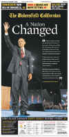 The Bakersfield Californian newspaper front page on November 5, 2008 featuring Barack Obama's historic victory as the 44th US President.