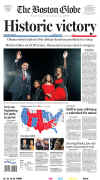 The Boston Globe newspaper front page on November 5, 2008 featuring Barack Obama's historic victory as the 44th US President.