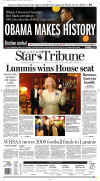 The Casper Star Tribune newspaper front page on November 5, 2008 featuring Barack Obama's historic victory as the 44th US President.