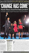 The Cleveland Plain Dealer newspaper front page on November 5, 2008 featuring Barack Obama's historic victory as the 44th US President.