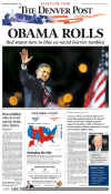 The Denver Post newspaper front page on November 5, 2008 featuring Barack Obama's historic victory as the 44th US President.