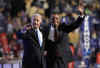 Barack Obama and Joe Biden onstage at Mile High Stadium at the Democratic National Convention in Denver Colorado on August 28, 2008.