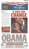 The Detroit Free Press newspaper front page on November 5, 2008 featuring Barack Obama's historic victory as the 44th US President.