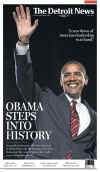 The Detroit News newspaper front page on November 5, 2008 featuring Barack Obama's historic victory as the 44th US President.