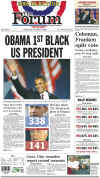 The (Fargo ND) Forum newspaper front page on November 5, 2008 featuring Barack Obama's historic victory as the 44th US President.