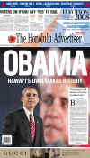The Honolulu Advertiser newspaper front page on November 5, 2008 featuring Barack Obama's historic victory as the 44th US President.