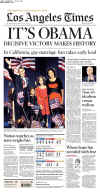 The Los Angeles Times newspaper front page image on November 5, 2008 featuring Barack Obama's historic victory as the 44th US President.