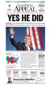 The (Memphis) Commercial Appeal newspaper front page image on November 5, 2008 featuring Barack Obama's historic victory as the 44th US President.