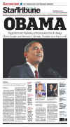 The (Minneapolis-St Paul) Star Tribune newspaper front page image on November 5, 2008 featuring Barack Obama's historic victory as the 44th US President.