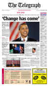 The (Nashua NH) Telegraph newspaper front page image on November 5, 2008 featuring Barack Obama's historic victory as the 44th US President.