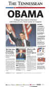 The (Nashville) Tenessean newspaper front page image on November 5, 2008 featuring Barack Obama's historic victory as the 44th US President.