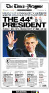 The (NewOrleans) Times Picayune newspaper front page image on November 5, 2008 featuring Barack Obama's historic victory as the 44th US President.