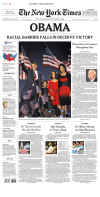 The New York Times newspaper front page image on November 5, 2008 featuring Barack Obama's historic victory as the 44th US President.