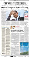 The (NewYork) Wall Street Journal newspaper front page image on November 5, 2008 featuring Barack Obama's historic victory as the 44th US President.