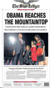 The (Newark) Star Ledger newspaper front page image on November 5, 2008 featuring Barack Obama's historic victory as the 44th US President.