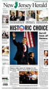 The (Newton) New Jersey Herald newspaper front page image on November 5, 2008 featuring Barack Obama's historic victory as the 44th US President.