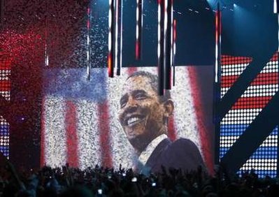 Obama on the big screen at the MTV Europe Music Awards in Liverpool UK on November 6, 2008.