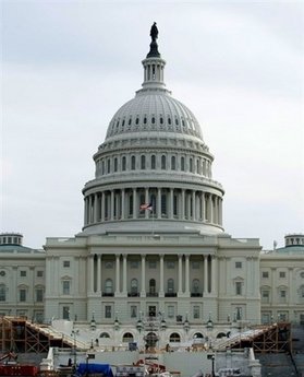 Construction is underway on the Inaugural Stand in front of the Capitol Building in Washington, DC. Nov 25, 2008.