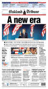 The Oakland Tribune newspaper front page image on November 5, 2008 featuring Barack Obama's historic victory as the 44th US President.