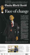 The Omaha World Herald newspaper front page image on November 5, 2008 featuring Barack Obama's historic victory as the 44th US President.