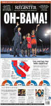 The Orange County Register newspaper front page image on November 5, 2008 featuring Barack Obama's historic victory as the 44th US President.