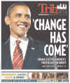 The PittsburgTrib PM newspaper front page image on November 5, 2008 featuring Barack Obama's historic victory as the 44th US President.