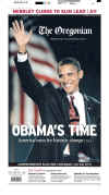 The (Portland) Oregonian newspaper front page image on November 5, 2008 featuring Barack Obama's historic victory as the 44th US President.