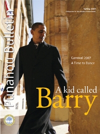 Barack Obama is known as Barry in his Punahou Honolulu school. Cover of Spring 2007 school bulletin shown.