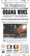 The (Raleigh NC) News & Observer newspaper front page image on November 5, 2008 featuring Barack Obama's historic victory as the 44th US President.