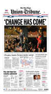 The San Diego Tribune newspaper front page image on November 5, 2008 featuring Barack Obama's historic victory as the 44th US President.