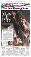 The San Jose Mercury News newspaper front page image on November 5, 2008 featuring Barack Obama's historic victory as the 44th US President.