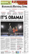 The Savannah Morning News newspaper front page image on November 5, 2008 featuring Barack Obama's historic victory as the 44th US President.