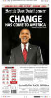 The Seattle Post Intelligencer newspaper front page image on November 5, 2008 featuring Barack Obama's historic victory as the 44th US President.