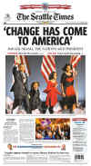 The Seattle Times newspaper front page image on November 5, 2008 featuring Barack Obama's historic victory as the 44th US President.