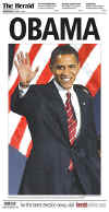The (SouthCarolina) Herald newspaper front page image on November 5, 2008 featuring Barack Obama's historic victory as the 44th US President.