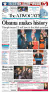 The Advocate (Stamford CT) newspaper front page image on November 5, 2008 featuring Barack Obama's historic victory as the 44th US President.