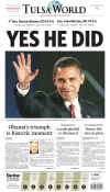 The Tulsa World newspaper front page image on November 5, 2008 featuring Barack Obama's historic victory as the 44th US President.