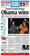 USA Today newspaper front page image on November 5, 2008 featuring Barack Obama's historic victory as the 44th US President.