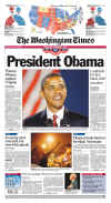 The Washington Times newspaper front page image on November 5, 2008 featuring Barack Obama's historic victory as the 44th US President.