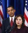 Barack Obama appoints Hilda Solis as Secretary of Labor at a Chicago press conference on December 19, 2008.
