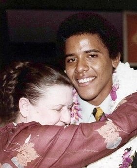 Obama's maternal grandmother Madelyn Payne Dunham hugs Barack Obama. Photo taken after Obama's Punahou High School graduation in 1979.