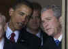 After Barack Obama delivers his Inaugural Address he sings the Star Spangled Banner, then escorts Bush to helicopter.
