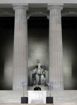The Official Opening Inaugural Celebration at the Lincoln Memorial on January 18, 2009. Barack and Michelle Obama and Joe and Jill Biden attend an inaugural ceremony and concert at the Lincoln Memorial. Biden and Obama delivered short speeches at the Lincoln Memorial. Obama said Lincoln  is "the man who made this possible."